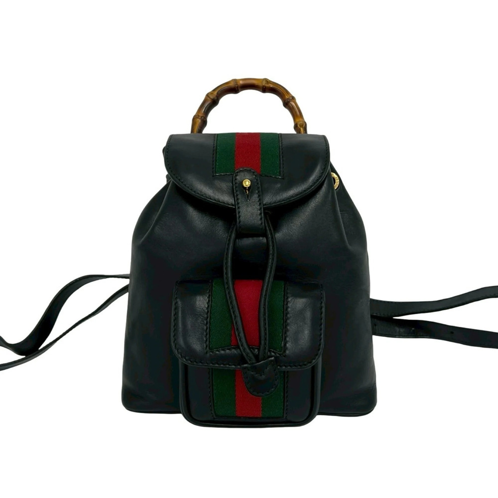 GUCCI Vintage Black Leather Bamboo Backpack - Picture 1 of 10
